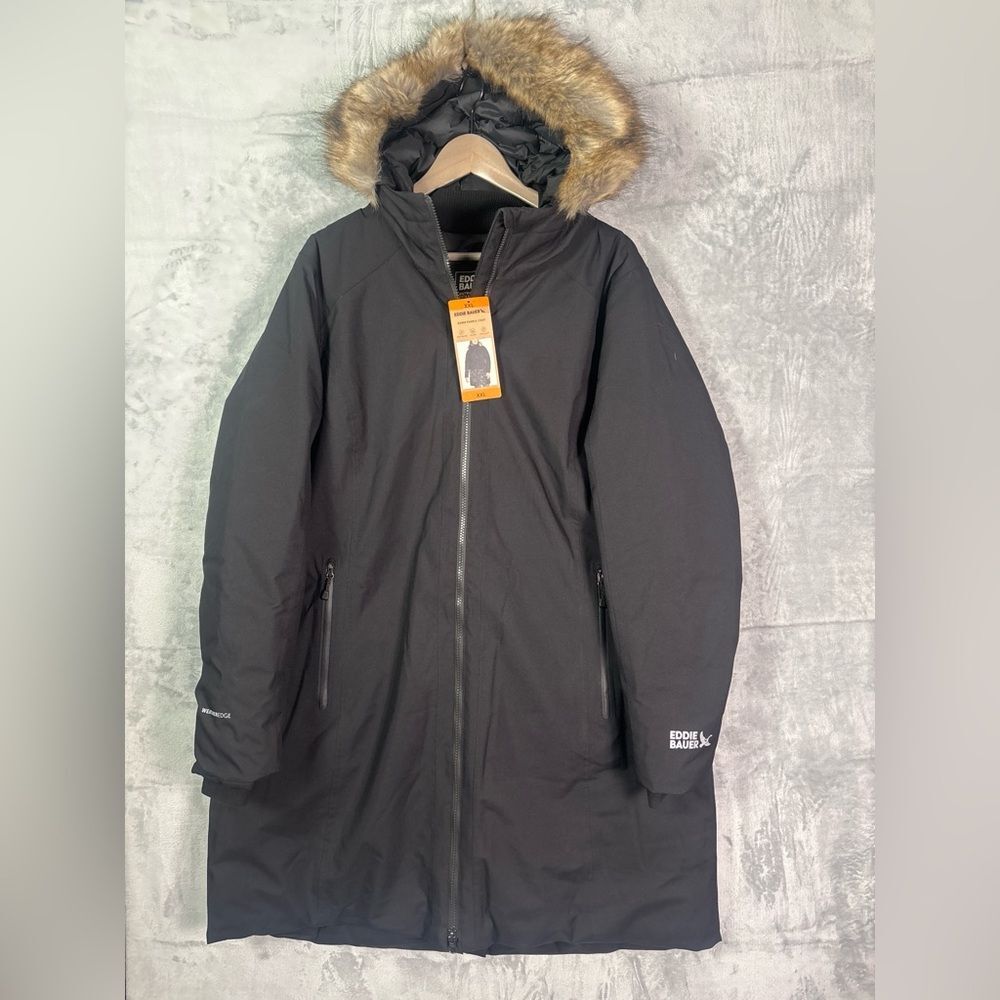 NEW NWT Black Eddie Bauer Faux Fur Hood 650 Down Filled Parka Jacket Size XXL